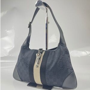 GUCCI Jackie GG Canvas Web Stripe Shoulder Bag Black Leather Vintage Authentic